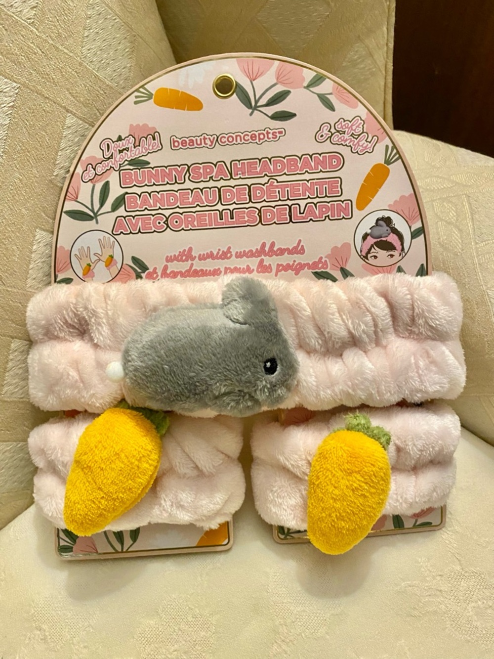 🌸 Bunny Spa Headband in Light Pink with Plush Carrot Accents